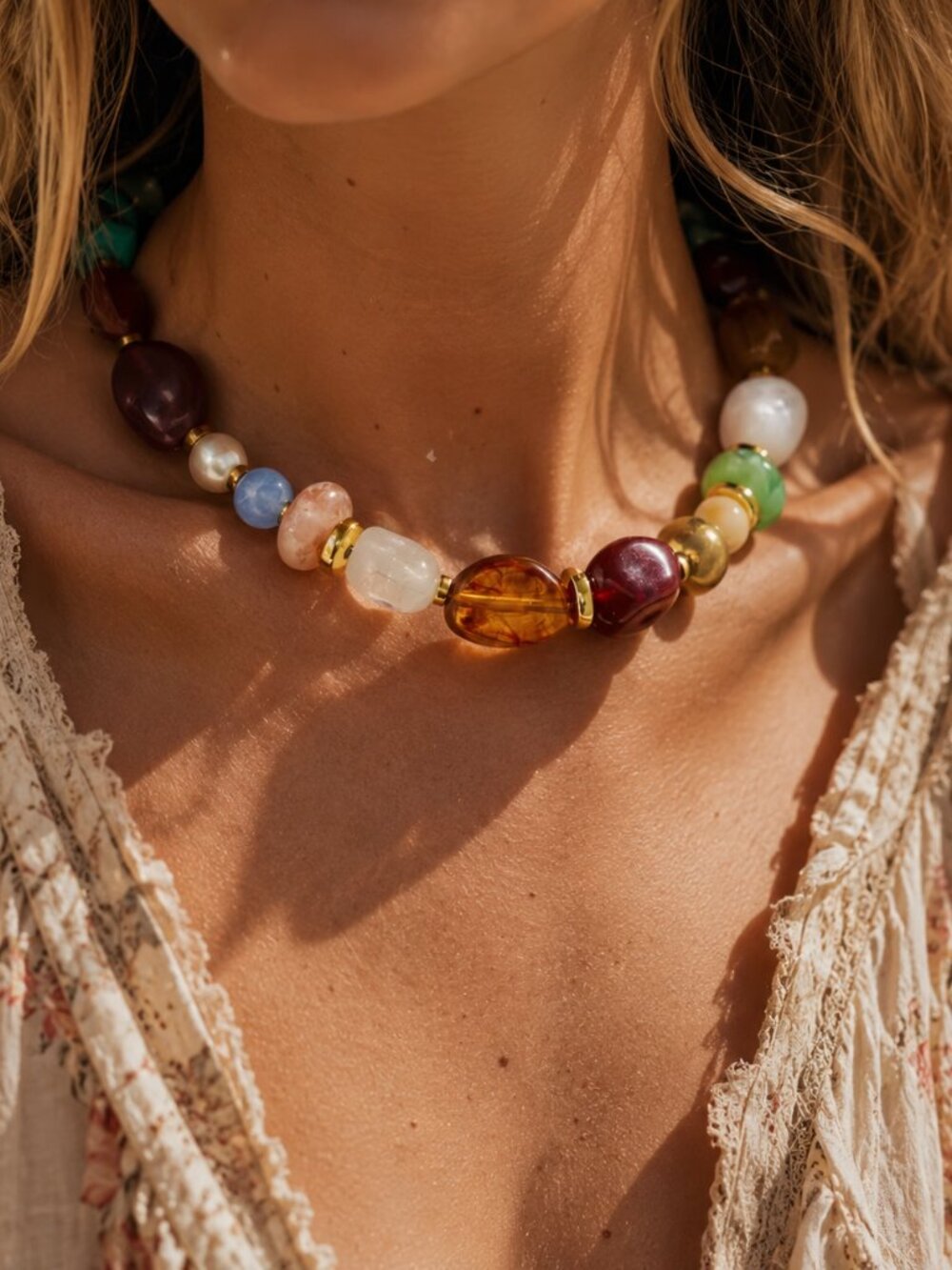 Colorful Chunky Gemstone Beaded Necklace, Statement Stone Necklace, Boho Luxe